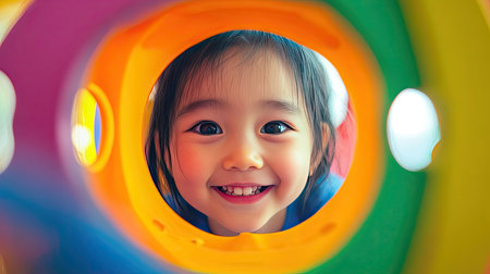A child undergoing an eye test, smiling while looking through a colorful vision screening device.の素材