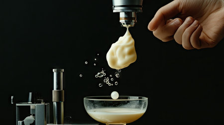 A cream droplet on glass, with a scientist's hand adjusting a focus knob on a nearby microscope.の素材