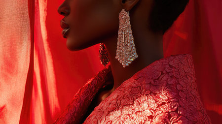 A close-up of a red textured fabric on a woman's outfit, paired with metallic statement earrings.の素材