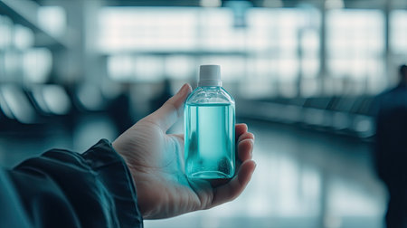 A close-up of a hand holding a compact travel bottle of mouthwash against the backdrop of an airport lounge.の素材