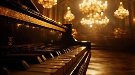 A close-up of piano keys with the dramatic backdrop of a grand concert hall lit by chandeliers.の素材