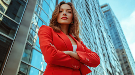 A confident woman in a bold red blazer and matching trousers, posing against a modern urban backdrop.の素材