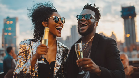 A couple joyfully uncorking champagne at a rooftop party with a city skyline in the background.の素材