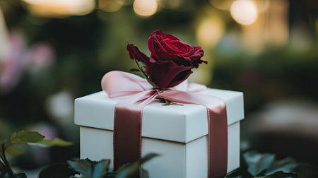 A close-up of a white gift box tied with a silky pink ribbon, topped with a single red rose, set against a blurred garden background.の素材