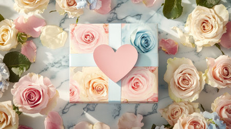 A Mother's Day gift box decorated with pastel-colored roses, accompanied by a heartfelt card.の素材