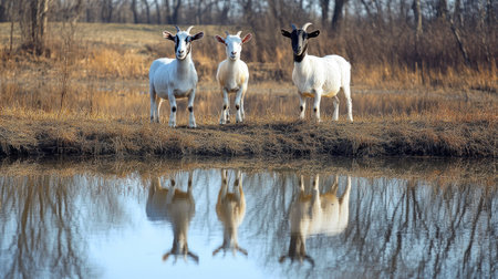 A pair of goats standing by a small farm pond, their reflections visible in the water.の素材