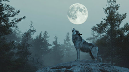 A pack leader howling at the moon on a forest ridge, with trees faintly visible in the background.の素材