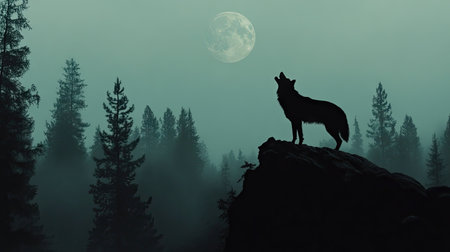 A pack leader howling at the moon on a forest ridge, with trees faintly visible in the background.の素材