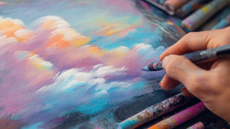 A pastel art piece in progress, with vibrant chalks used for blending soft clouds.の素材