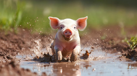 A playful piglet splashing around in a small mud puddle on a sunny farm day.の素材
