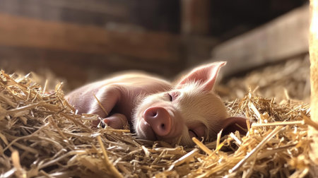 A piglet napping in a pile of straw, its tiny ears twitching as it rests peacefully.の素材