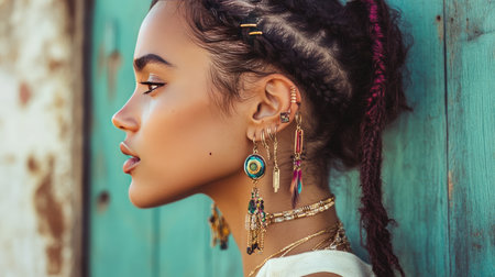 A side profile of a woman wearing layered ear piercings with mismatched statement jewelry pieces.の素材