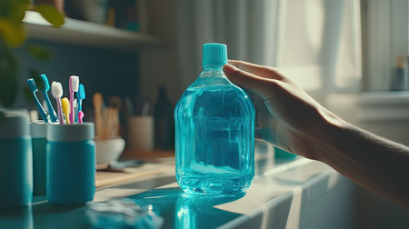 A person holding a family-size bottle of mouthwash, with toothbrushes and toothpaste visible on a counter.の素材
