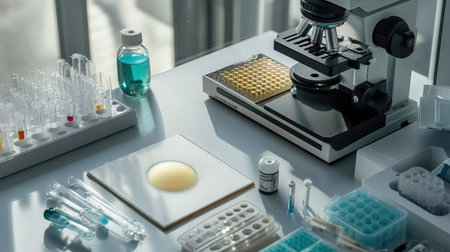 A pristine lab setup with a creamy dot on a microscope slide, placed next to a rack of pipettes and solutions.の素材