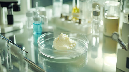 A petri dish with a dollop of cream-like substance, placed on a glass lab counter surrounded by scientific tools.の素材