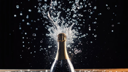 A slow-motion style image of champagne bubbles exploding out of a freshly uncorked bottle.の素材