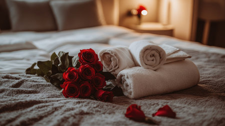 A romantic anniversary setup with a plush bed adorned with towels and a bouquet of red flowers.の素材
