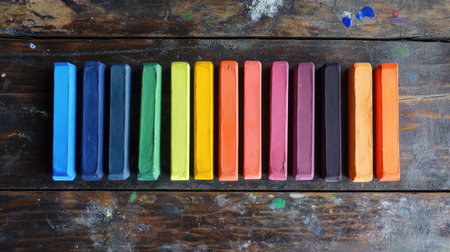 A rainbow spectrum of chalk pastels neatly lined up on a wooden desk.の素材