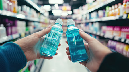 A person holding two bottles of mouthwash, comparing sizes and features in a brightly lit store.の素材