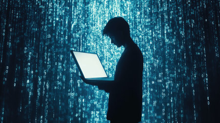A shadowy figure holding a glowing laptop, with digital binary rain cascading in the background.の素材