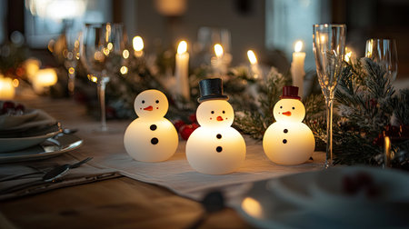 A set of snowman-shaped candles on a festive table, creating a cozy atmosphere with their flickering light.の素材