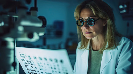 A woman reading an eye chart in a well-lit clinic, focusing on the smaller letters near the bottom.の素材