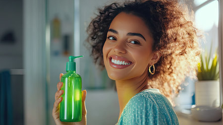 A woman holding a green mouthwash bottle, smiling in front of a brightly lit bathroom counter.の素材