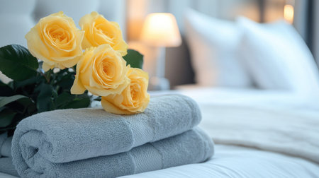 A simple but chic hotel room with folded towels and yellow roses creating a welcoming feel.の素材