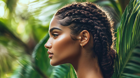 A profile shot of a woman with a gold nose stud, her braided hair styled elegantly, against a tropical background.の素材