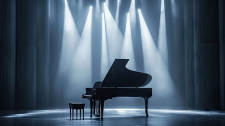 A sleek grand piano reflecting stage lights in a modern concert hall with minimalist architecture.の素材