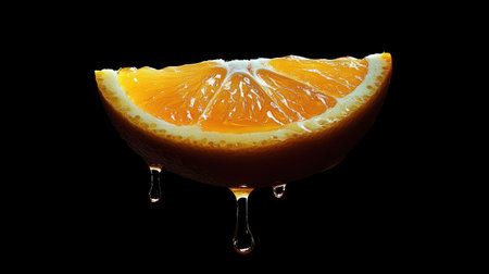 Halved orange with juice dripping down, set against a black background, capturing the freshness and appeal of the citrusの素材