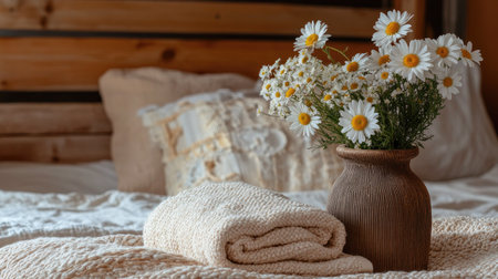 A rustic bedroom scene with handwoven towels and a small vase of fresh daisies on the bed.の素材