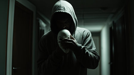 Hoodie-wearing man gripping a white mask in a dark room, with shadows casting over his face, adding suspense to the sceneの素材