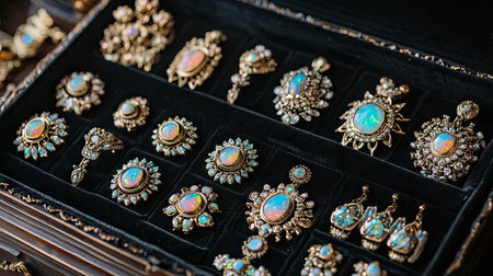 A set of piercing jewelry featuring opal inlays, arranged on a dark velvet tray for a luxurious feel.の素材