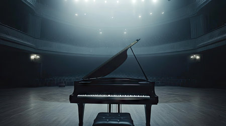 A grand piano captured from behind, with a wide perspective of the empty concert hall and stage lights.の素材