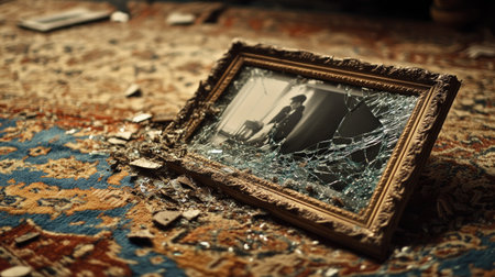 A fallen picture frame with shattered glass lying on a rug, with the photo still intact beneath.の素材