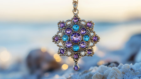 A shimmering belly ring with intricate gemstone details, photographed with a beach setting in the background.の素材