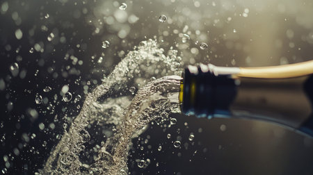 A slow-motion style image of champagne bubbles exploding out of a freshly uncorked bottle.の素材