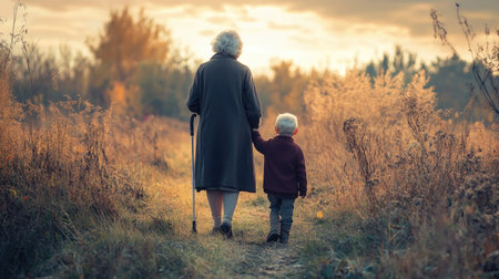 A heartwarming scene of an elderly woman being assisted by a child as she walks with her caneの素材