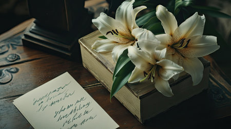 A gift box adorned with fresh lilies, sitting next to a handwritten note on a wooden desk.の素材