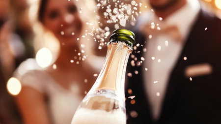 A festive wedding reception as a champagne bottle is dramatically uncorked in front of a happy couple.の素材