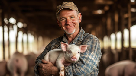 A farmer gently holding a piglet, smiling while standing in the middle of a spacious pig farm.の素材