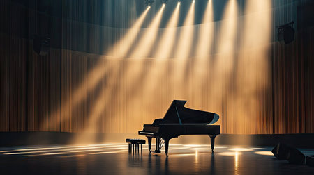A sleek grand piano reflecting stage lights in a modern concert hall with minimalist architecture.の素材
