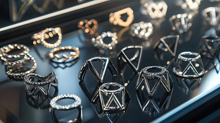 A showcase of unique septum rings with bold geometric designs, displayed on a mirrored surface.の素材