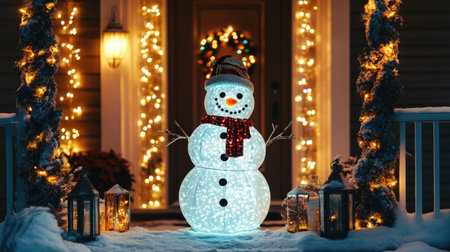 A glowing snowman Christmas decoration on a front porch, surrounded by festive garlands and lanterns.の素材