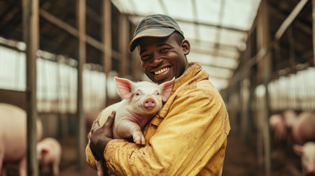 A farmer gently holding a piglet, smiling while standing in the middle of a spacious pig farm.の素材