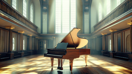 A grand piano lid raised, with sunlight streaming in through tall windows of an elegant, empty concert venue.の素材