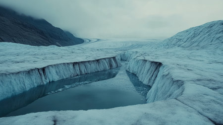 A glacier melting and revealing large cracks and pools of meltwater on its surface.の素材