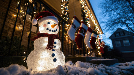 A frosty snowman decoration illuminated by warm string lights, with fake snow and Christmas stockings in the background.の素材