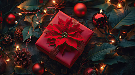 A festive red gift box with a satin bow and poinsettias, surrounded by fairy lights and ornaments, perfect for a holiday theme.の素材
